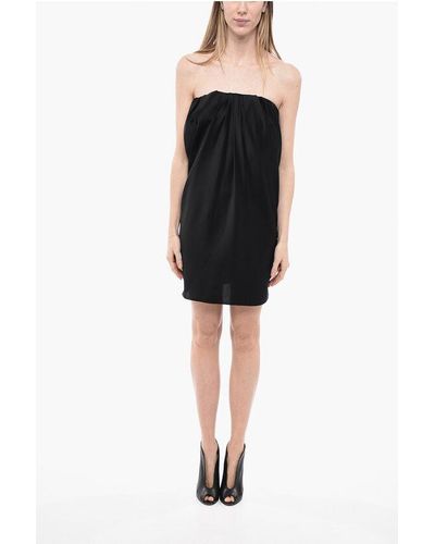 Saint Laurent Pleated Design Satin Sheath Dress - Black