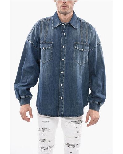 Alexander McQueen Dark Wash Oversized Denim Shirt With Elastic Cuffs - Blue