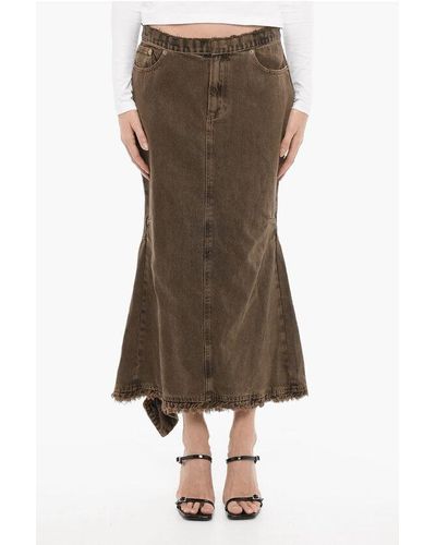 Cormio Frayed Hem Denim Skirt - Brown