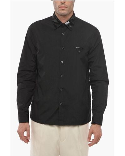 Prada Popeline Cotton Shirt With Sequined Collar And Logo - Black