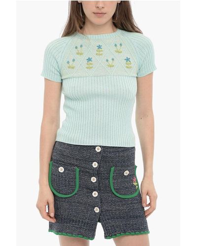 Cormio Short Sleeve Ribbed Crew-Neck Jumper With Lurex Embroiderie - Green