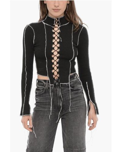 Julfer Ribbed Long Sleeve Crop Top With Lace-Up Detail - Black