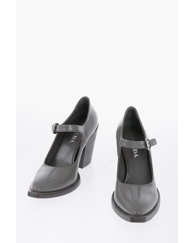 Prada Pointed Brushed Leather Maryjanes Heel 9 Cm - Black
