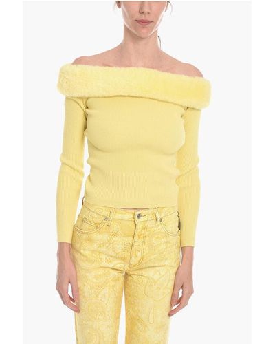Blumarine Off-Shoulder Sweather With Cruelty-Free Fur Detail - Yellow