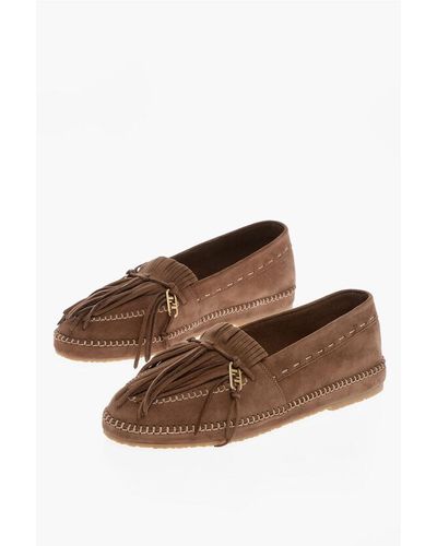 Fendi Suede Leather Loafers With Fringes - Brown