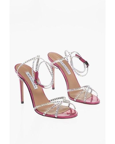 Aquazzura Leather Dance Plaxi Ankle-Strap Sandals With Rhinestone Embe - Pink
