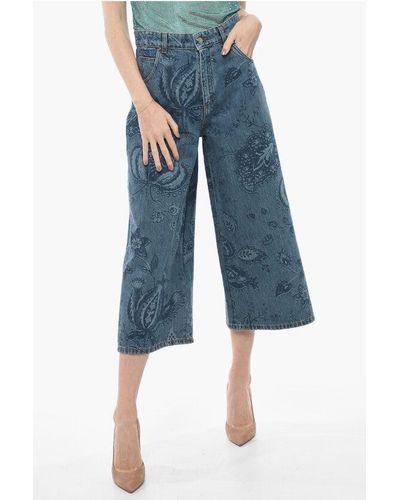 Etro Jacquard Denim Wide Leg Gaucho Jeans - Blue