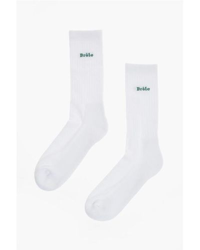 Drole de Monsieur Solid Colour Long Socks With Ribbed Detail - White