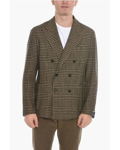 Tagliatore Houndstooth Wool Blend Double Breasted Blazer - Green