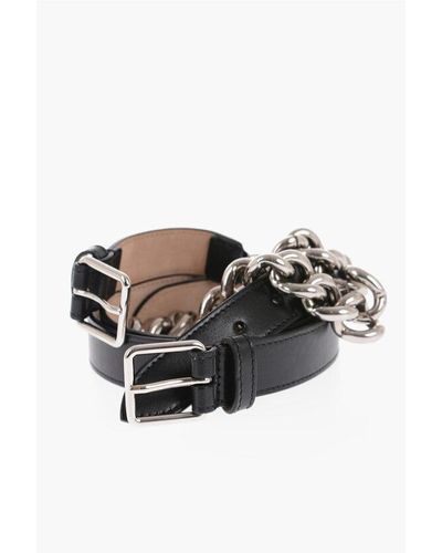 Alexander McQueen Leather Double Belt With Chain Detail 25Mm - Black