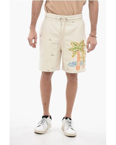 Palm Angels Cotton Shorts With Back Gothic Print - Natural