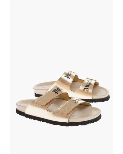 Palm Angels Leather Sandals With Logo Print And Stretch Closure - Natural