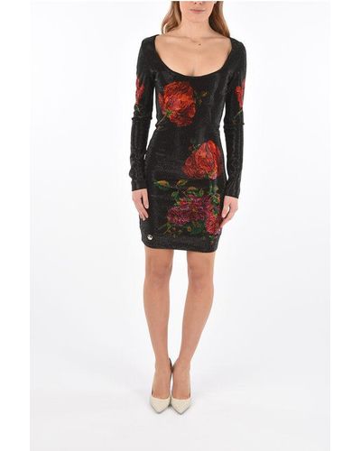 Philipp Plein Rhinestone Embellished All Over Mini Dress With Roses - Black