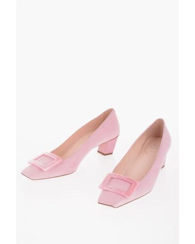Roger Vivier Squared Toe Belle Suede Court Shoes With Murble Buckle 5Cm - Pink