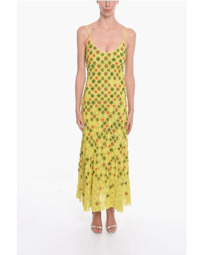 Bottega Veneta Viscose-Crochet Flared Dress With Beaded Floral Motif - Yellow