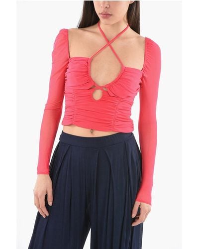 Self-Portrait Meshed-Longsleeved Crop Top With Cut-Outs And Ruched Detaili - Red