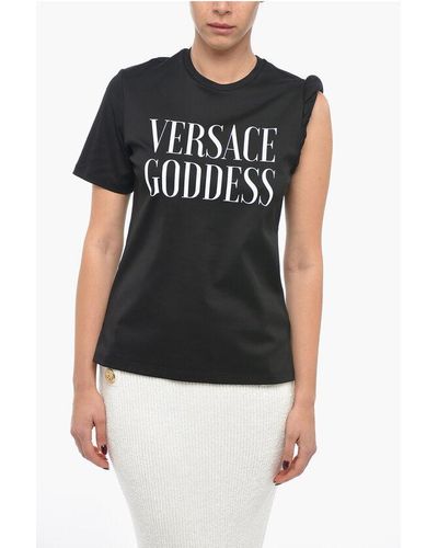 Versace Crew Neck Goddess Cotton T-Shirt With Gathered Sleeve - Black