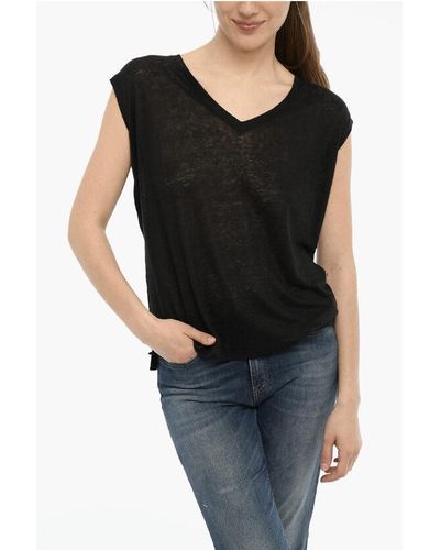 Woolrich Sheer Linen T-Shirt With V-Neck - Black