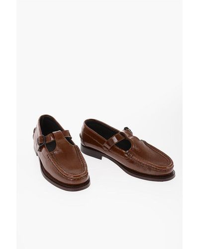 Hereu Glossy Effect Alber T-Bar Loafers With Strap - Brown