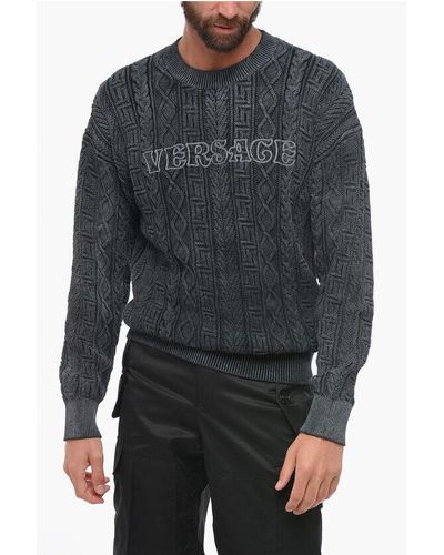 Versace Crew Neck Aran Cotton Pullover With Embroidered Logo - Grey