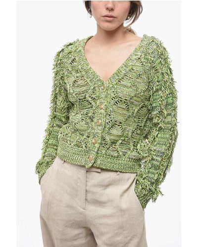 ANDERSSON BELL V-Neck Cable Knit Cardigan With Fringed Details - Green