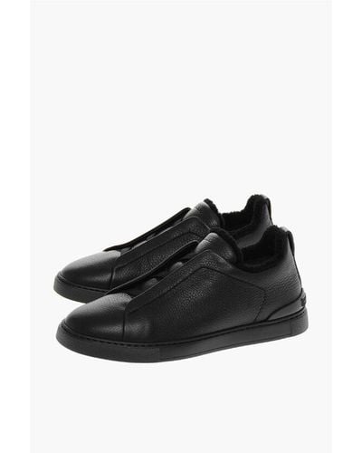 ZEGNA Textured Leather Triple Stitch Low-Top Trainers With Faux Fu - Black