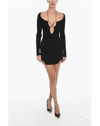 Nensi Dojaka Ribbed Bodycon Mini Dress With Lace-Up Details - Black
