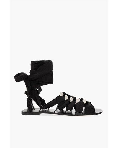Tory Burch Herringbone Ribbon Lace-Up Sandals With Ankle Ties - Black