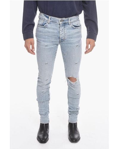 Amiri Distressed Skinny Denims With Embroidered Paisley Motif 14Cm - Blue