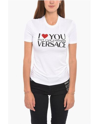 Versace Front Printed Crew-Neck T-Shirt With Rhinestone Detail - White