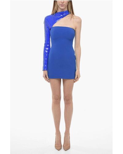 David Koma One-Shoulder Sheath Dress With Sequined Sleeve - Blue