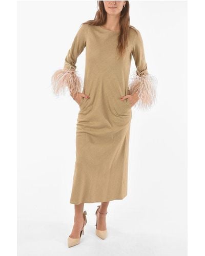 Stephan Janson Silk Maxi Dress With Feathers On Bottom Sleeves - Natural