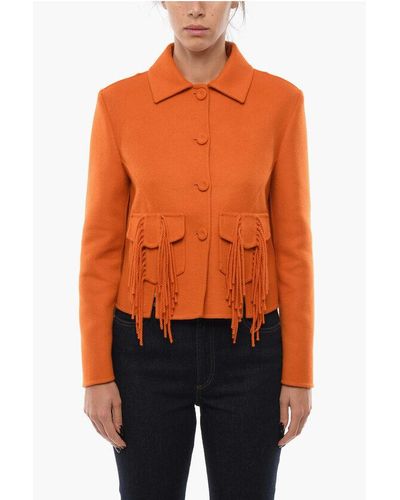 Ermanno Scervino Cashmere Blend Cropped Fit Coat With Fringed Detail - Orange