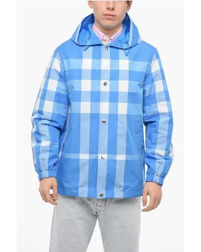 Burberry Hooded Windbreaker Jacket With Check Pattern - Blue