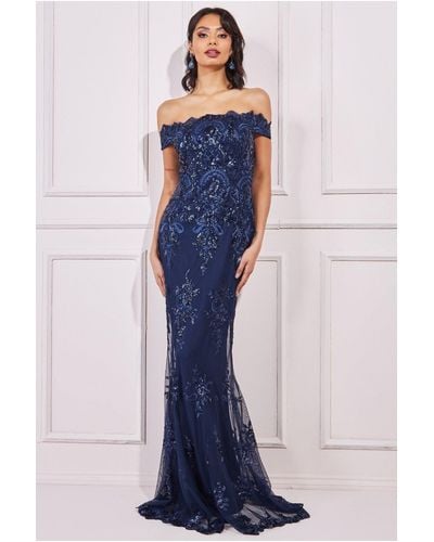 Navy sequin bardot top fishtail maxi dress