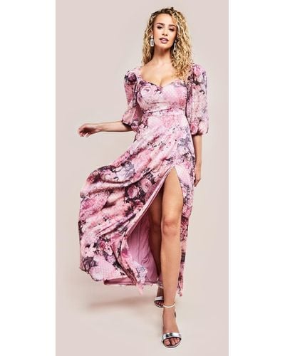 Goddiva Printed Shirred Back Maxi Dress - Pink