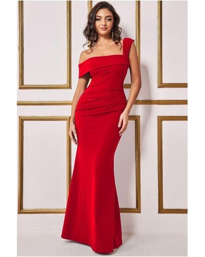 Goddiva Off The Shoulder Pleated Waist Maxi Dress - Red