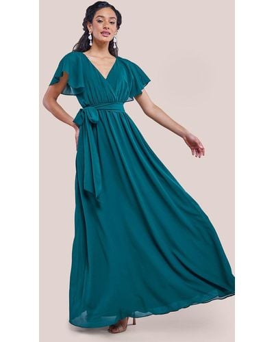 Goddiva Sustainable Chiffon Flutter Sleeve Wrap Maxi Dress - Blue