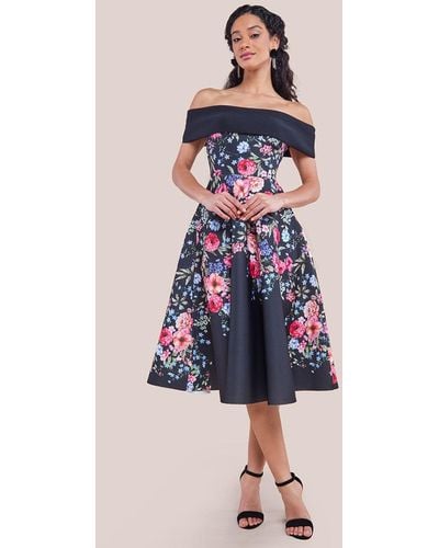 Goddiva Scuba Foam Floral Bardot Midi Dress - Black