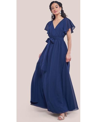 Goddiva Sustainable Chiffon Flutter Sleeve Wrap Maxi Dress - Blue