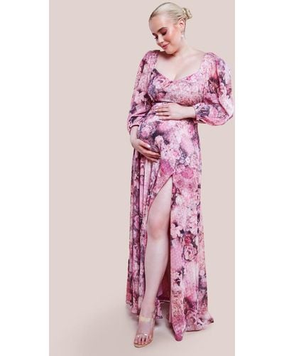 Goddiva Maternity Printed Shirred Back Maxi Dress - Pink
