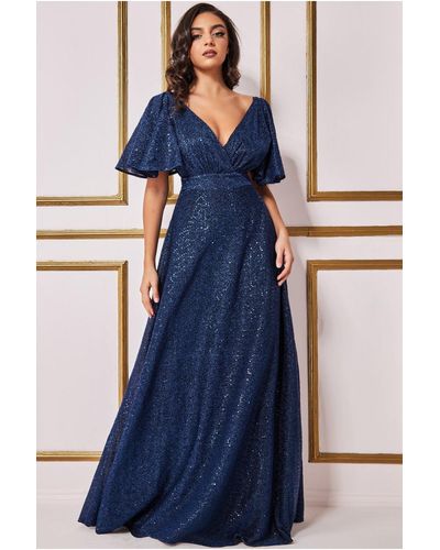 Goddiva Plus Wrap Back With Front Slit Chiffon Maxi Dress - Airforce Blue main image 0