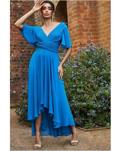 Goddiva Pleated Chiffon High Low Midi Dress - Blue