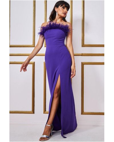 Goddiva Feather Boobtube Maxi Dress - Purple