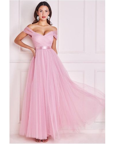 Goddiva Off The Shoulder Princess Maxi Dress - Pink