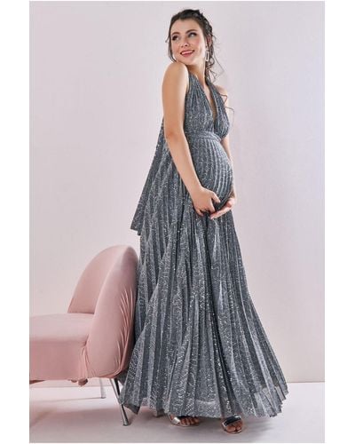 Goddiva Maternity Halter Sequin Lurex Maxi - Gray
