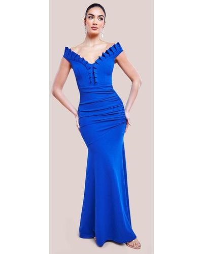 Goddiva Off The Shoulder Frill Gathered Maxi Dress - Blue