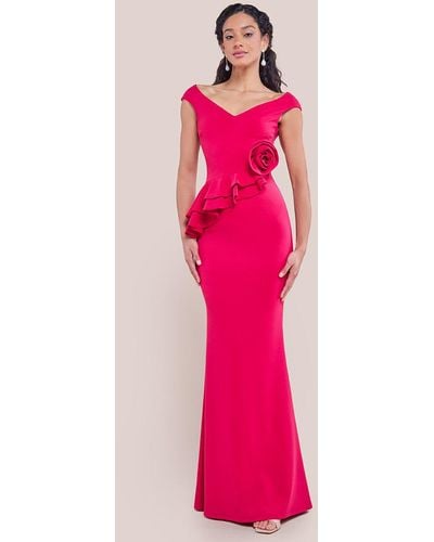 Goddiva Scuba Crepe Rose Frill Maxi Dress - Pink