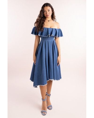 Goddiva Denim Frilled Bardot High Low Dress - Blue