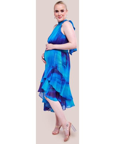 Goddiva Maternity Halter Neck Chiffon Tie Midaxi Dress - Blue